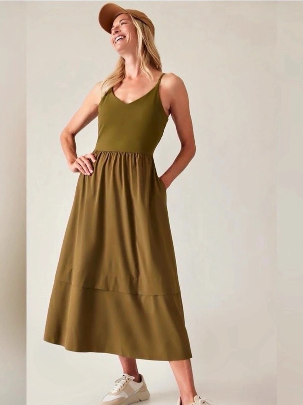 Athleta Elation V Neck Hybrid Dress Women's Midi Dress